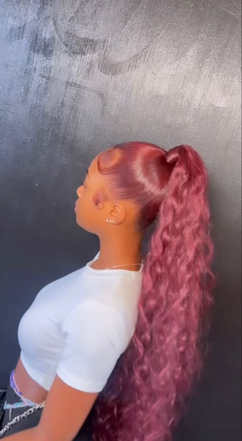 Burgundy Ponytail, Red Hair Ponytail, Cute Ponytail Styles, High Curly Ponytail, Red Weave Hairstyles, Cute Ponytail Hairstyles, Slick Ponytail, Teenage Hairstyles, Natural Hair Bun Styles