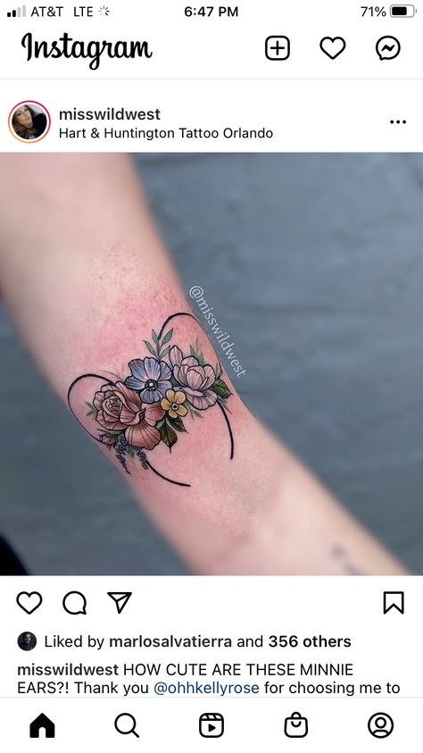 Disney Sunflower Tattoo, Mickey Flower Tattoo, Minnie Ear Tattoo, Disney World Tattoo Ideas, Mickey Ear Tattoo, Disney Ears Tattoo, Floral Mickey Tattoo, Minnie Ears Tattoo, Disney Cover Up Tattoos