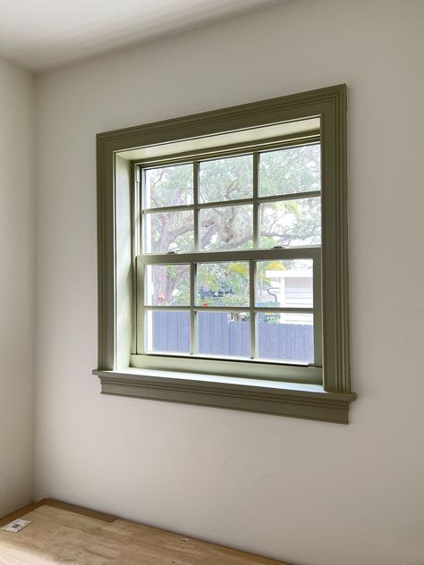 How to Paint Vinyl Windows Painted Window Cill, Window Framing Interior, Window Frame Colours Interior, Painted Window Recess, Green Window Trim Interior, White Room With Colored Trim, Cottage Windows Interior, Can You Paint Window Frames, Green Window Frames Interiors