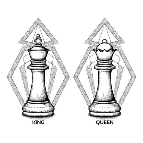 Chess Piece King Tattoo, King Chess Piece Tattoo Design, Chess Queen Drawing, Chess Queen Tattoo, Queen Chess Piece Drawing, Chess Pieces Drawing, Queen Chess Piece Tattoo, King And Queen Chess Pieces, Pieces Drawing