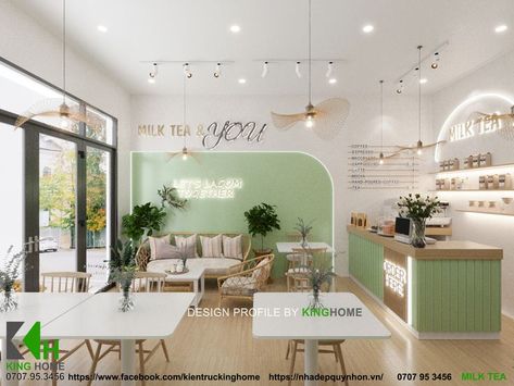 Green Cafe Interior Design, Boba Tea Shop Interior Design, Green Cafe Interior, Cafe Decoration Ideas, Green Coffee Shop, Cafe Design Inspiration, Boutique Patisserie, Small Restaurant Design, Bakery Shop Design