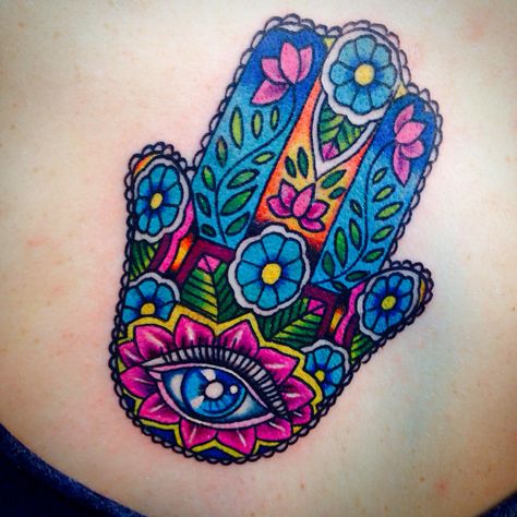 Hasma colorful hand tattoo by craze Buddhist Symbol Tattoos, Jewish Tattoo, Hamsa Hand Tattoo, Mirror Tattoos, Simple Hand Tattoos, Lower Arm Tattoos, Side Hand Tattoos, Mystical Tattoos, Feminine Tattoo Sleeves