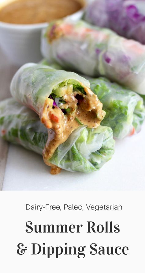 Summer rolls, also known as fresh spring rolls or rice paper wraps, are a simple and healthy lunch or snack and a wonderful way to add more veggies to your diet, but the dipping sauce is the best part! This recipe calls for a almond dipping sauce but you could easily make a peanut dipping sauce if you prefer. These summer rolls are gluten-free and vegetarian and are a great meal prep idea. #lunch #healthylunch #vegetarian #glutenfree Clear Wraps Food, Veggie Rice Paper Wraps, Paleo Spring Rolls, Meal Prep Spring Rolls, Fresh Wraps Rice Paper, Rice Paper Summer Rolls, Rice Paper Veggie Rolls, Healthy Rice Paper Wraps, Veggie Wraps Rice Paper