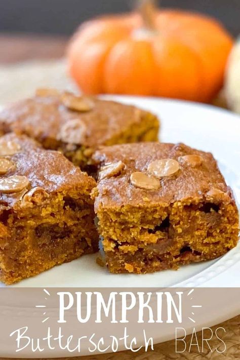 PUMPKIN BUTTERSCOTCH BARS - Whiskful Cooking Brown Sugar Honey Glazed Carrots, Pecan Pie Fudge, Brown Sugar Honey Glaze, Taco Bar Ideas, Fall Baked Goods, Fall Snack Mixes, Pumpkin Butterscotch, Holiday Apps, Butterscotch Bars