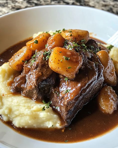 This pot roast over mashed potatoes is a warm hug on a plate! It's the kind of meal that brings the family together and makes everyone smile.   Ingredients: - 3 pounds beef chuck roast - 4 cups beef broth - 4 medium potatoes (for mashing) Link in first comment for more details on spices and preparation! [👇] [👇]  Start by searing the beef until it's brown, then let it simmer in the beef broth until it's fork-tender. While that's cooking, peel and boil the potatoes until tender, then mash them with butter and cream. Serve the tender pot roast over a generous scoop of creamy mashed potatoes.  This meal is comfort food at its best; everyone will be asking for seconds!   #PotRoast #ComfortFood #FamilyDinner #HomeCooking #MashedPotatoes Cozy Food Aethstetic, Homecooked Meals Aesthetic, Pot Roast Over Mashed Potatoes, Roast Over Mashed Potatoes, Mashed Potato Dinner, Tender Pot Roast, Over Mashed Potatoes, Beef Chuck Roast, Roast Potatoes