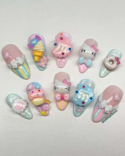 “hk candy land”˚⋆𐙚｡🍬🧁🎀 🍭𖦹.ᡣ𐭩˚ available for purchase through link in bio x ︵‿︵‿୨♡୧‿︵‿︵ - #kawaiinails #kawaiicore #pressons #candynails #sanrionails #alternativenails #explorepage #cutenails #nailinspo #nailporn Candyland Nails, Candy Land Nails, Candy Nails Designs, Decora Nails, Candy Nails, Shot Of Espresso, Food Charms, Nail Stuff, Dope Nails