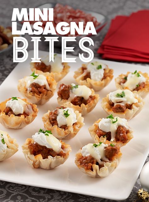 Try this easy, bite-sized Mini Lasagna Bites appetizer recipe for your next party. AD HuntsAtHome Lasagna Bites, Mini Lasagna, Mushroom Tart, Phyllo Cups, Appetizer Dips, Polenta, Appetizers For Party, Appetizer Snacks, Finger Foods