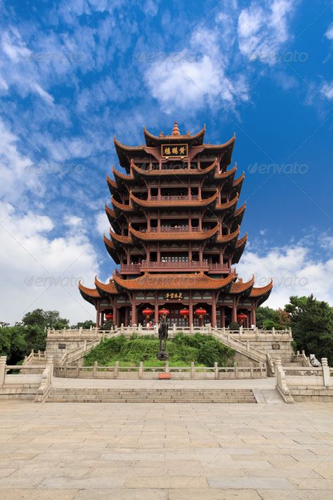 wuhan yellow crane tower by chuyu2014. yellow crane tower against a blue sky in wuhan, China #AD #crane, #tower, #wuhan, #yellow Yellow Crane Tower, Ink Landscape, Anthony Bourdain, Chinese Ink, Landscape Illustration, New Chinese, Merchandise Design, Japanese Garden, Textured Background