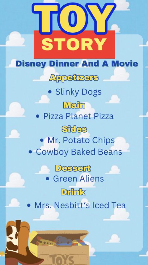 Disney Dinner And A Movie, Disney Movie Themed Dinner, Themed Dinners Ideas, Family Movie Night Themes, Family Movie Night Snacks, Disney Movie Night Menu, Disney Themed Movie Night, Disney Movie Night Food, Disney Themed Food