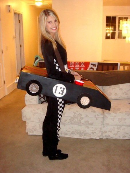 DIY Halloween Costume. Race car driver with cup holder. #halloween Car Costume Diy, Diy Race Car Driver Costume, Kindy 500, Race Car Costume, Cars Halloween Costume, Cardboard Cars, Nascar Costume, Car Costume, Halloween Trio