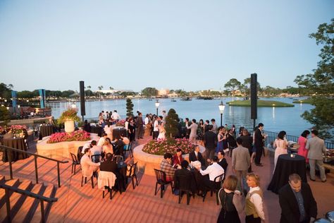 Terrace des Fleurs (French Island Upper) – Epcot • Fairytale Weddings Guide Epcot Wedding, Epcot France, Fireworks Photos, French Island, Fireworks Photo, Disney World Wedding, Disney Bride, Disney Fairy Tale Weddings, Disney Epcot