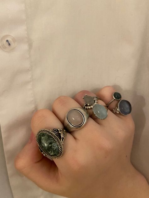 rings, vintage, aesthetics Silver Vintage Rings Aesthetic, Bulky Rings Aesthetic, Chunky Vintage Rings, Gemstone Rings Aesthetic, Aesthetic Jewelry Silver, Rings On Hand Aesthetic, Silver Rings Aesthetic Vintage, Whimsigoth Rings, Vintage Rings Aesthetic