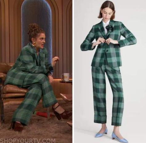 Drew Barrymore Show Style, Drew Barrymore Show Outfits, Drew Barrymore Style 2023, Drew Barrymore Suit, Plaid Set Outfit, Drew Barrymore 2022, Drew Barrymore Style Casual, Drew Barrymore Outfits, Drew Barrymore Style