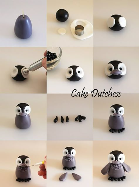 Cake Dutchess, Penguin Cake, Fimo Kawaii, Penguin Design, Fondant Animals, Fondant Cake Toppers, Polymer Clay Figures, Polymer Clay Animals, Fondant Figures