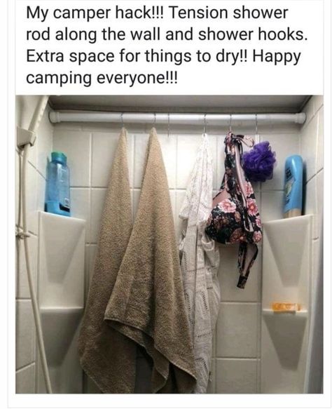 Space Saving Ideas For Camper Living, Toy Storage Camper, Toyhauler Ideas Rv Organization, Tiny Camper Hacks, Camping Travel Trailer, Tiny Camper Organization, Camper Toy Storage, Camper Bathroom Hacks, Clothes Storage In Camper