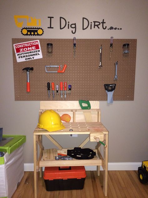 Construction Room! Kids Construction Room, Construction Decorations Diy, Little Boy Construction Room, Kids Construction Bedroom, Toddler Boy Construction Room, Construction Kids Room, Construction Room Ideas, Construction Bedroom Boys, Toddler Construction Room