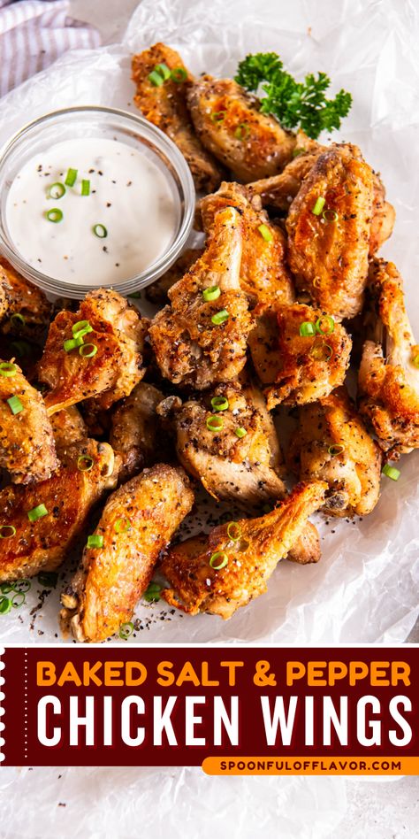 Baked Salt and Pepper Chicken Wings are incredibly crispy with a simple salt and pepper seasoning. They only require 15 minutes of prep before baking them in the oven! Salt N Pepper Wings, Salt Pepper Wings Oven Baked, Oven Baked Salt And Pepper Chicken Wings, Salt Pepper Chicken Wings, Quick And Easy Chicken Wings Oven Baked, Salt And Pepper Wings Oven, Keto Chicken Wings Oven Baked Crispy, Salt And Vinegar Wings Recipe, Salt And Pepper Wings Recipe