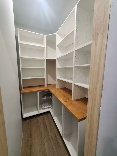 Finished Building Our New Pantry. I Used Sektion Wall Cabinets Without Their Bases To See More Countertop Ikea Kitchen Pantry, Diy Pantry Cabinet, Diy Pantry Makeover, Pantry Hacks, Ikea Sektion Cabinets, Ikea Pantry, Pantry Renovation, Pantry Closet Design, Pantry Layout