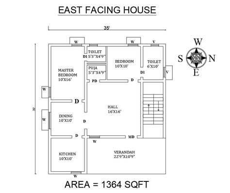 35'x39' feet East facing 2BHK house plan The Buildup area of this house plan is 1364 sqft. this shows master bedroom with attached toilet children's bedroom with attached toilet is northwest. kitchen placed in the southeast. The Dining room near Puja room, Hall,verandah, Staircase direction. Download for AutoCAD file East Facing 2bhk House Plan, 2bhk House Plan 1000sqft, 30×35 House Plan East Facing, 35×40 House Plan East Facing, 2 Bhk Plan Layout, 30 30 East Facing House Plans, 1000 Sqft House Plans 2 Bedroom, East Facing House Plan Vastu With Puja Room, 35×40 House Plan