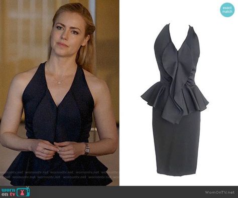 Katrina’s black ruffled peplum dress on Suits. Outfit Details: https://wornontv.net/145228/ #Suits Katrina Suits Outfit, Katrina Bennett Suits Outfit, Suits Series Outfits, Katrina Bennett Suits, Katrina Bennett, Suits Wardrobe, Amanda Schull, Wardrobe Transformation, Suits Tv Series