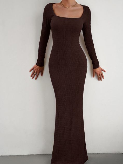 ❤️ New Ladies Fit Square Neck Long Sleeve Knitted Dress 🛒 ladyros.com 🇺🇸 Fall Dress Brown, Long Sleeve Bodycon Dress Parties, Elegant Bodycon Dress Long, Long Bodycon Dress Outfit, Long Dress Bodycon, Mba Graduation, Knitted Maxi Dress, Dazzling Jewelry, Dance Ideas