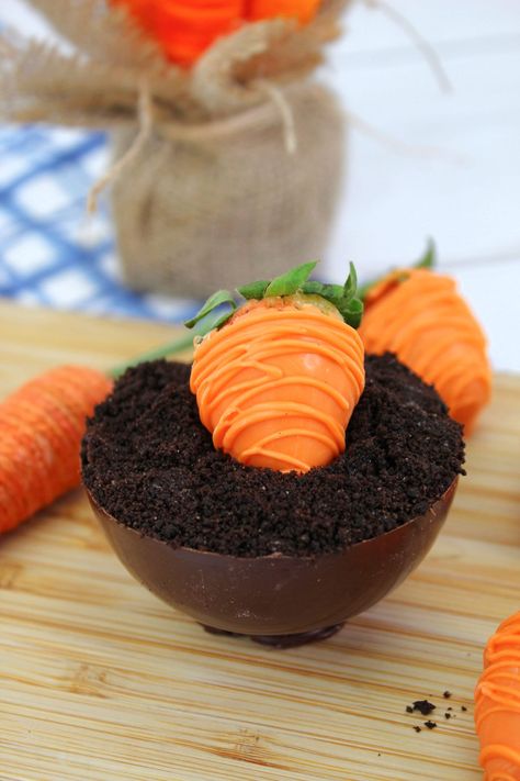 Easter Parfait, Strawberry Carrots, Brownie Parfait, Brownie Pudding, Dirt Cups, Chocolate Bowls, Carrot Patch, Chocolate Melting Wafers, Orange Food Coloring