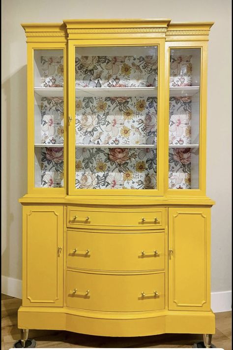 Yellow Buffet Cabinet, Yellow China Cabinet, Yellow Cupboards, Revamped Furniture, China Cabinet Redo, China Cabinet Makeover, Furniture Makeover Inspiration, Painted Pianos, Painted China Cabinets