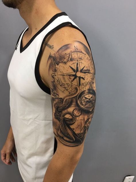 Shoulder Compass Tattoo, A Compass Tattoo, Compass Tattoos Arm, Compass And Map Tattoo, Nautical Tattoo Sleeve, Compass Tattoos, Unique Half Sleeve Tattoos, Mangas Tattoo, Cool Half Sleeve Tattoos