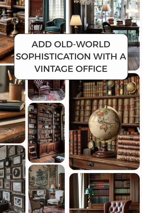 Vintage office tips and ideas to help you add some sophistication to your home office. Antique Home Office Ideas, Roll Top Desk Office Ideas, Old World Office Decor, Vintage Post Office Aesthetic, Vintage Home Office Decor, Old Money Office Decor, Vintage Russian Aesthetic, Vintage Bookshelf Decor, Vintage Office Decor Ideas