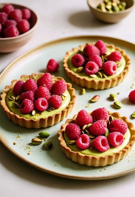 Pistachio And Raspberry Tart, Pistachio Raspberry Dessert, Tart Filling Ideas, Summer Vegan Dessert, Pistachio Baked Goods, Raspberry Pistachio Tart, Pistachio Raspberry Tart, Vegan Pistachio Dessert, Pistachio Baking