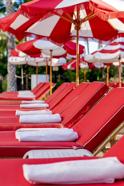 Faena Miami Beach Red Pool Chairs Red Beach Umbrella, Champagne Event, Pool Decorating Ideas, Summer Apps, Pool Deck Furniture, Faena Miami, Red Pool, Miami Beach Fashion, Summer Time Outfits