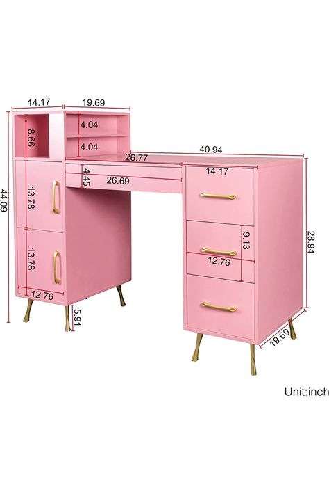 Furnicare Manicure Table, Nail Makeup Desk with Drawers, Nail Table for Nail Tech, Makeup Storage, Resistant Beauty Salon Desk Nail Art Equipment with Metal Handles, Golden Legs, Pink Nail Table, Nail Makeup, Nail Salon Decor, Bedroom Dressing, Makeup Desk, Manicure Table, Vanity Room, Large Cabinet, Desk And Chair Set