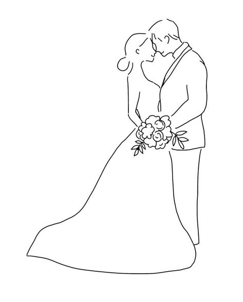 Wedding Outline Drawing, Bride And Groom Outline Drawing, Wedding Couple Line Art, Wedding Drawing Easy, Wedding Drawing Couple, Married Drawing, Bride And Groom Drawing, Wedding Couple Drawing, Bride And Groom Art