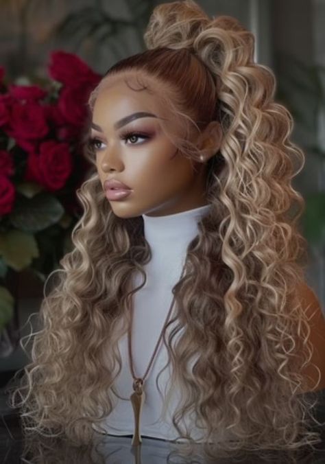 Fairwell Hairstyles, Curly Blonde Wig Black Women, Fancy Short Hair, Curly Hair Sew In, Wigs Styles, Frontal Wig Hairstyles, Quick Braided Hairstyles, Honey Blonde Hair, Curly Hair Wig