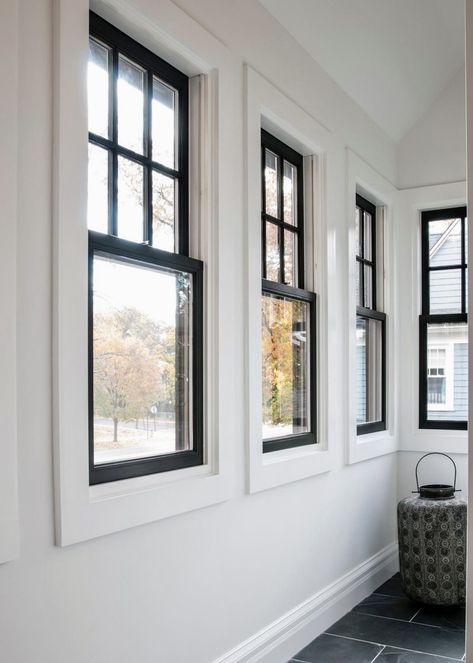 Types Of Trim Around Windows, White Walls Black Window Trim, Black Interior Windows With White Trim, Wpc Doors, Windows Trim, White Window Trim, Window Trims, Black Window Trims, Country Deco