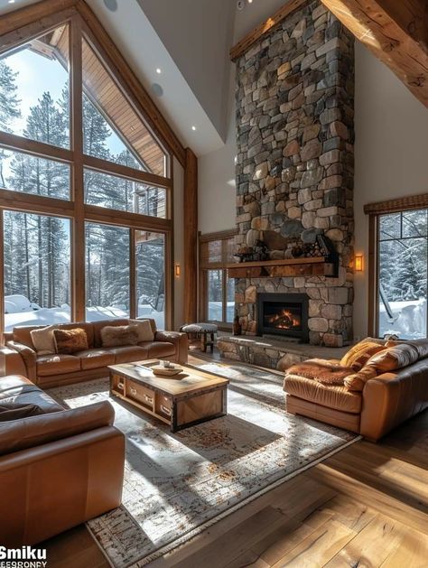 Window Wall With Fireplace, A Frame Family Room, Chalet Style Living Room, Modern Log Home Interiors, Lodge Style Home, Mountain Home Interiors, Vacation House Plans, Vaulted Ceiling Living Room, Cabin Fireplace