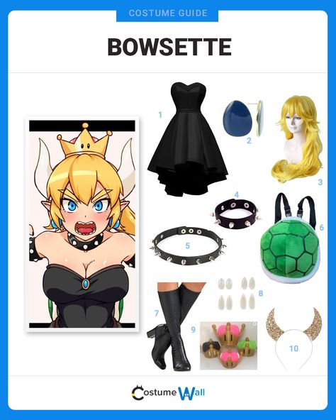 Get the look of Bowsette, the fan-made female version of Bowser from Super Mario Bros. Super Mario Bros Inspired Outfits, Bowser Outfit Ideas, Mario Cosplay Female, Rosalina Mario Cosplay, Bowser Costume Female, Super Mario Outfit Ideas, Mario Inspired Outfits, Women Cosplay Ideas, Couples Cosplay Ideas