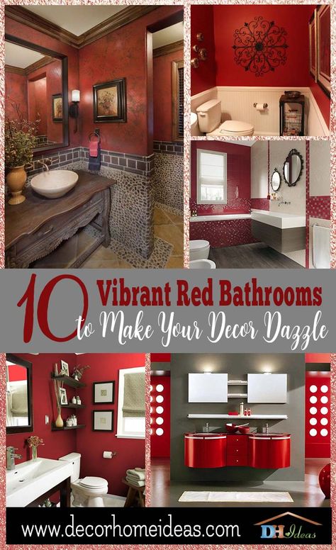 Red Bathrooms Designs, Red Black And Gray Bathroom Ideas, Red Bathroom Vanity Cabinets, Small Red Bathroom Ideas, Red Accent Wall Bathroom, Red Powder Room Ideas, Red And Gray Bathroom Ideas, Red Half Bathroom Ideas, Red Accent Bathroom