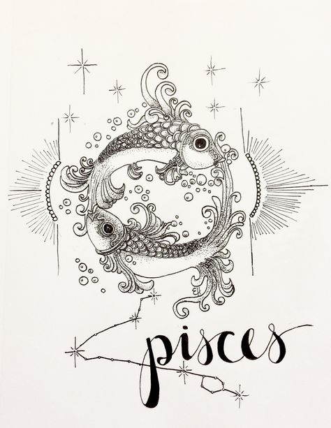 Pisces Drawing Ideas, Picies Zodiac Drawings, Astrology Sketches, Zodiac Drawings, Pisces Drawing, Pisces Doodle, Pisces Drawing Zodiac, Pisces Art, Pisces Doodle Art