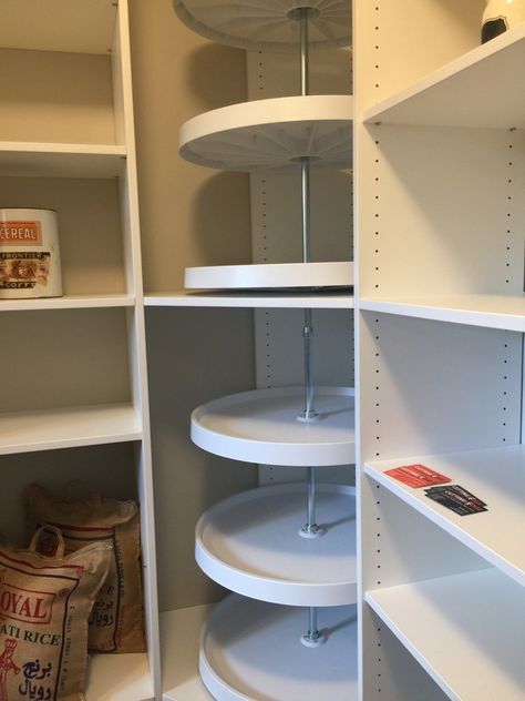 Tall lazy susan in pantry (instead of 1 expensive tiered tower, use 2 more commonly available (& cheaper) towers Tall Lazy Susan Pantry, Pantry Lazy Susan, Lazy Susan Pantry, Corner Kitchen Pantry, Pantry Closet Design, Lazy Susan Organization, House Pantry, Pantry Room, Drop Down Table