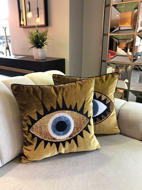 Match Painting, Maximalist Moody, Blue Accent Pillows, Evil Eye Pillow, Seat Window, Sculpture Interior, Evil Eye Pattern, Mystical Decor, Blue Accent Pillow