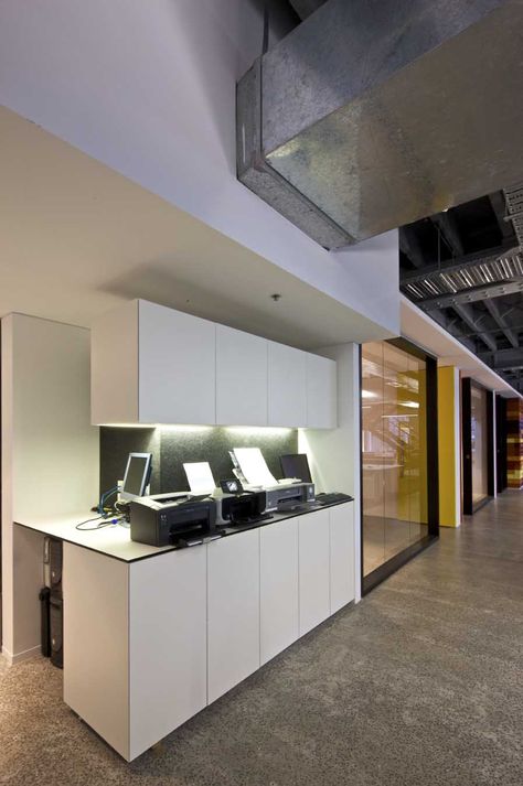 The Warm and Connected Offices of Deepend #office #design #moderndesign http://www.ironageoffice.com/ Classic Office Interior, Printer Station, Office Decor Workplace, Staff Lounge, Office Tour, Loft Office, Corporate Office Design, Office Printers, Office Space Design