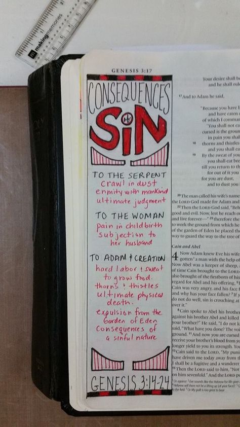 Genesis 3:14-24. The consequences of sin as revealed in the story of Adam and Eve. Genesis 2 Bible Journaling, Messy Bible, Adam And Eve Bible, Jesus Journal, Bible Journaling For Beginners, Bible Journaling Supplies, Verse Mapping, Message Bible, Bible Journal Notes