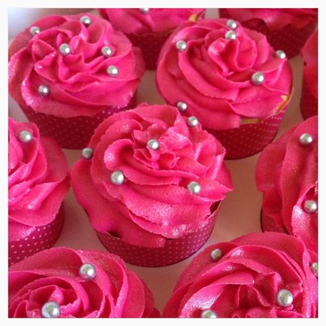 Pink 21st Birthday Cupcakes, Hot Pink Dessert Table, Hot Pink Cupcakes Birthday, Hot Pink Table Decor, Hot Pink Sweet 16 Party Ideas, Hot Pink Desserts, Light Pink Birthday Nails, Pink Birthday Nail Ideas, Hot Pink Birthday Nails