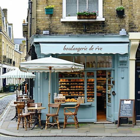 A charming bakery with a picturesque street-side café, perfect for enjoying freshly baked goods in a delightful atmosphere. #Bakery #FrenchCafe #CulinaryDelights #StreetPhotography #CharmingEateries French Bistro Exterior Store Fronts, Brick Cafe Exterior Coffee Shop, Front Of Coffee Shop, French Bistro Exterior, Hometown Coffee Shop, Cafe Exterior Vintage, French Store Fronts, European Coffee Shop Aesthetic, Italian Bakery Aesthetic