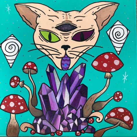 Trippy Cat Art, Cat Crystals, Cat Mushroom, Trippy Cat, Simple Canvas Paintings, Cat Painting, Cat Illustration, Canvas Paintings, Animal Paintings