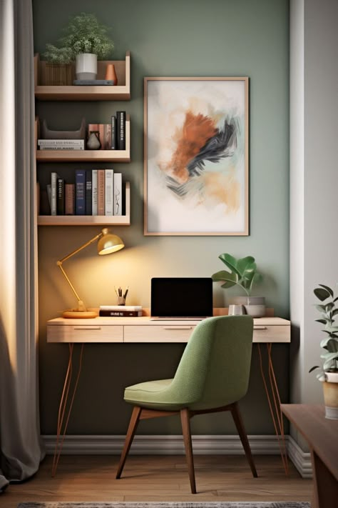 Home Office Color Palette, Painting Desk Ideas, Study Area Interior Design, Study Room Color Ideas, Bookcase Alcove, Green Study Room, Study Room Colour, Study Chair Design, Calm Home Office