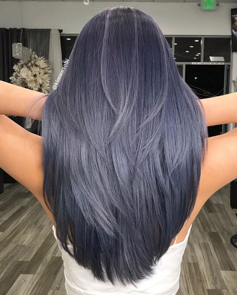 BAYAREA HAIR ARTIST-COLORIST on Instagram: “Dusty Blue. Straight or curls? Swipe ⬅️ . I touched up my client’s level 2 hair to a level 9. Refreshed her mids and ends to an even canvas…” Medium Long Layered Haircuts, Denim Blue Hair, Babylights Hair, Ashy Hair, Denim Hair, Dark Blue Hair, Hair Color Underneath, Medium Layered Haircuts, Lilac Hair