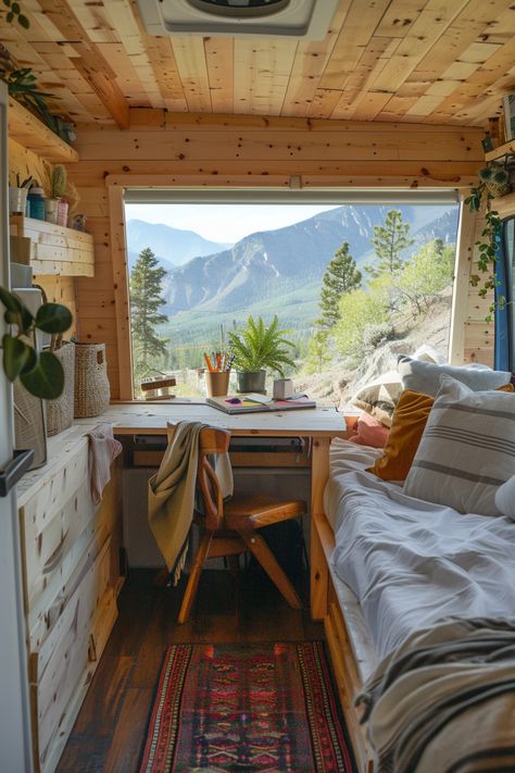 35 Camper Vans Ideas for Digital Nomads - TastyInteriors Camper Bookshelf, Camper Studio, Digital Nomad Aesthetic, Vanlife Interiors, Vans Ideas, Van Life Ideas, Caravan Living, Camper Bus, Travel Room