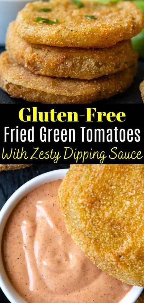 Want to learn how to make the best, southern-style fried green tomatoes with a no-fail gluten-free recipe? Here you will my favorite easy tips, like how to prevent the batter from sliding off, making a thick, crispy, and robustly seasoned cornmeal breading, and, of course, a creamy, zesty dipping sauce to go with them! If you would like to skip the frying, air fryer directions are included as well. Fried Green Tomatoes Sauce, Gluten Free Fried Green Tomatoes, Fried Green Tomatoes Recipe Easy, Mamagourmand Recipes, Food When Sick, Fried Green Tomatoes Recipe, Fish Batter Recipe, Comeback Sauce, Gluten Free Cookbooks